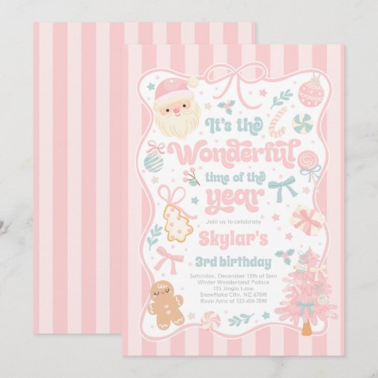 Wonderful Time Of The Year Christmas Bow Birthday 招待状 (正面/裏面)