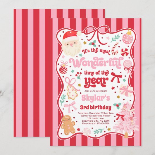 Wonderful Time Of The Year Christmas Bow Birthday 招待状 (正面/裏面)