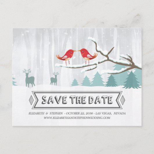 Wonderland Birds Deer Winter Wedding Save the Date 案内ポストカード (正面)