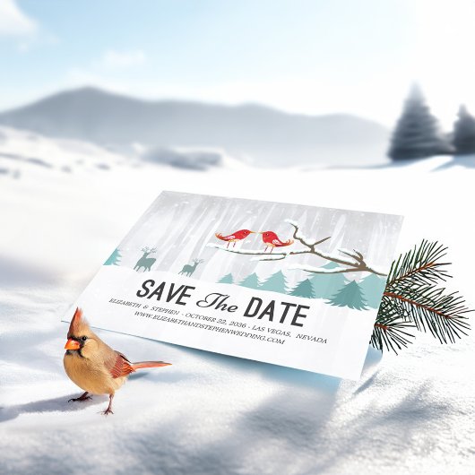 Wonderland Birds Deer Winter Wedding Save the Date 案内ポストカード