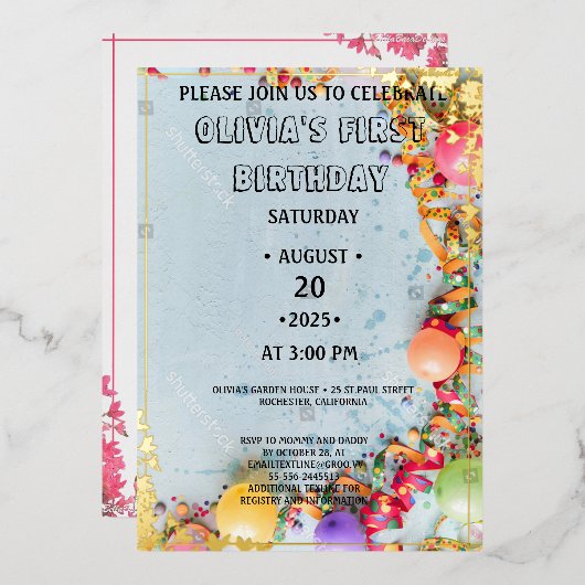 WONEderfulピンクフローラ1st誕生日招待状 箔シーズンカード (正面/裏面)