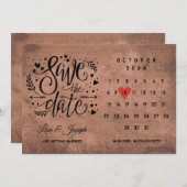 Wood素朴 Save the Date Calendar赤いハート 招待状 (正面/裏面)