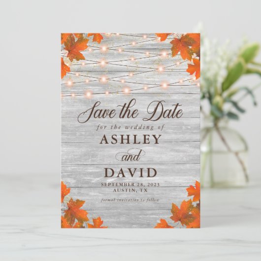 Wood素朴 Save The Date String Lightsフォトカード セーブザデート (スタンド正面)