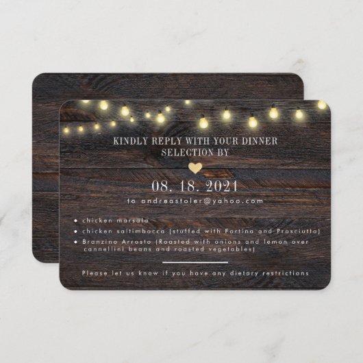 Wood素朴 String Lights結婚の応答カード  出欠カード (正面/裏面)