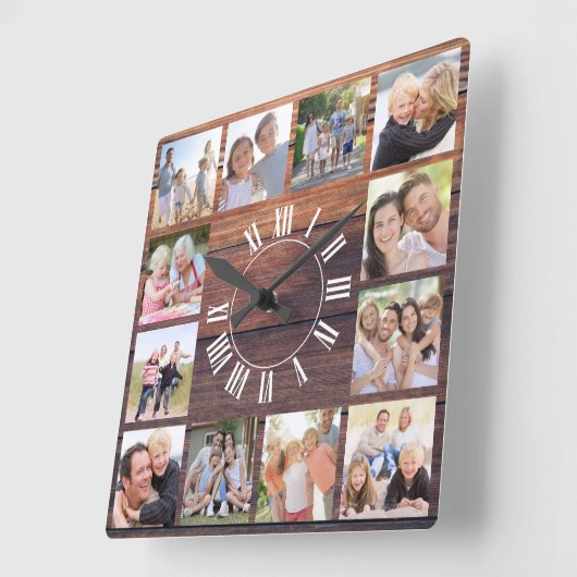 Wood 素朴 12フォトコラージュ スクエア壁時計 (傾斜)