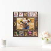 Wood 素朴 9フォトコラージュ引用文金ゴールド番号 スクエア壁時計 (ホーム)