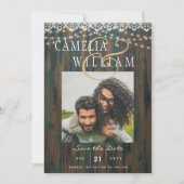 WOOD 素朴 LIGHTS LACE PHOTO結婚の救 Date 招待状 (正面)