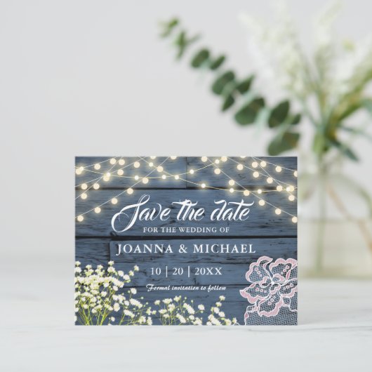 Wood 素朴 Navy Blue String Lights日付の保存 ポストカード (スタンド正面)