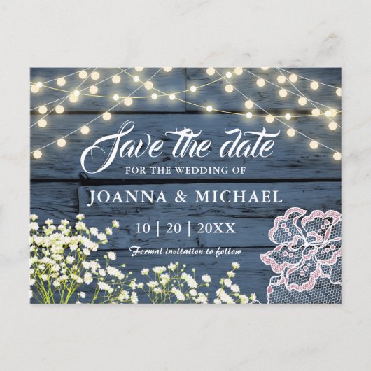 Wood 素朴 Navy Blue String Lights日付の保存 ポストカード (正面)