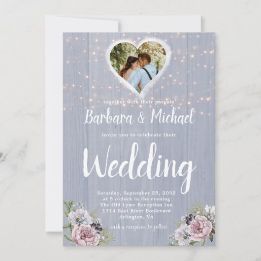 Wood 素朴 Sparkle Lightsフォトフローラ結婚 招待状 (正面)