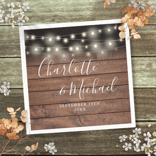 Wood 素朴 String Lightsシグネチャースクリプト結婚の スタンダードカクテルナプキン