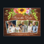 Wood 素朴 Sunflower日付写真を保存 インビテーションポストカード<br><div class="desc">木、水素朴色ひまわりバラ、牡丹と緑のフローラ、日付3写真婚約発表カードを保存</div>