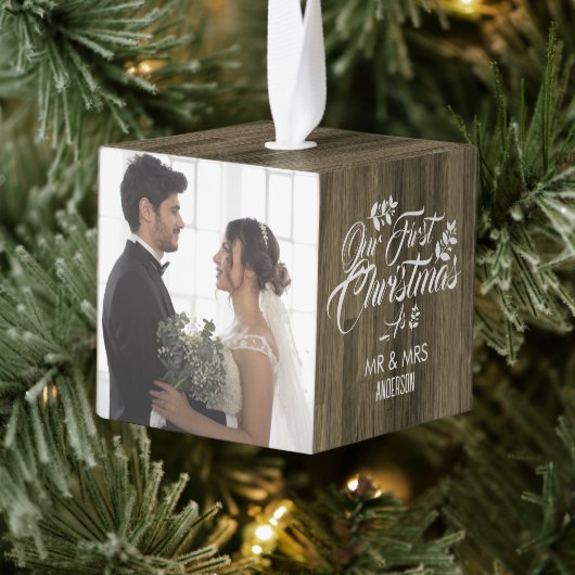 Wood 3写真素朴新初めてのクリスマス キューブオーナメント (ツリー)