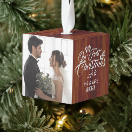 Wood 3写真素朴新初めてのクリスマス キューブオーナメント