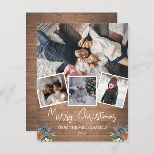 Wood 4素朴フォトウィンターベリーホリデーカード シーズンカード (正面/裏面)
