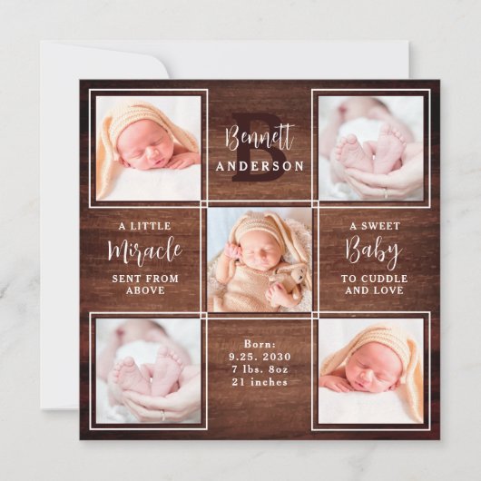 Wood 5フォト素朴コラージュ新生児統計シャワー サンキューカード (正面)