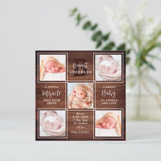 Wood 5フォト素朴コラージュ新生児統計誕生 案内状 (スタンド正面)