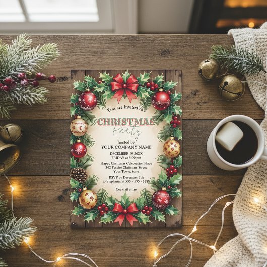 Wood Baubles Red Bow Corporate Christmas Party 招待状