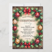 Wood Baubles Red Bow Corporate Christmas Party 招待状 (正面)