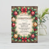 Wood Baubles Red Bow Corporate Christmas Party 招待状 (スタンド正面)