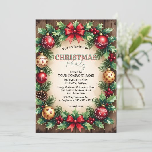 Wood Baubles Red Bow Corporate Christmas Party 招待状 (スタンド正面)