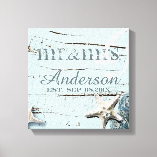 wood BLueシーシェルビーチ結婚式mrとmrs キャンバスプリント (正面)