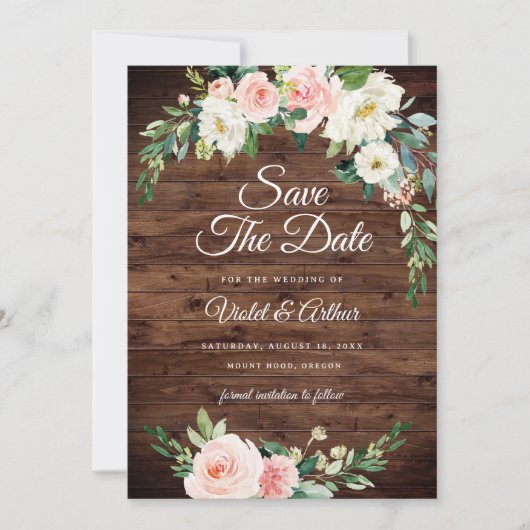 Wood Blush Floral Wreath Wedding Save The Date 招待状 (正面)
