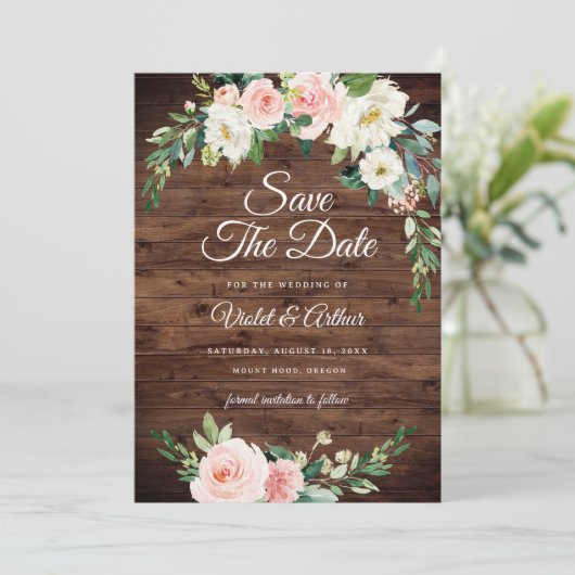Wood Blush Floral Wreath Wedding Save The Date  招待状 (スタンド正面)