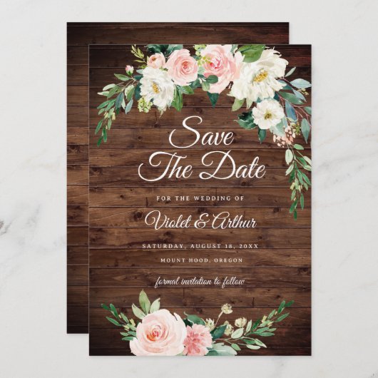 Wood Blush Floral Wreath Wedding Save The Date  招待状 (正面/裏面)