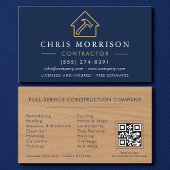 Wood Building Construction Navy Blue Gold QR Code 名刺