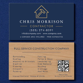 Wood Building Construction Navy Blue Gold QR Code 名刺