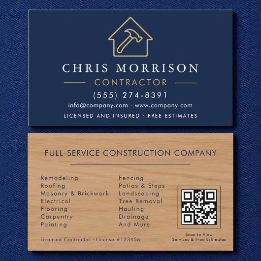 Wood Building Construction Navy Blue Gold QR Code 名刺