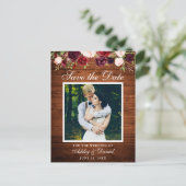 Wood Burgundy素朴フローラ日付写真を保存 案内ポストカード (スタンド正面)