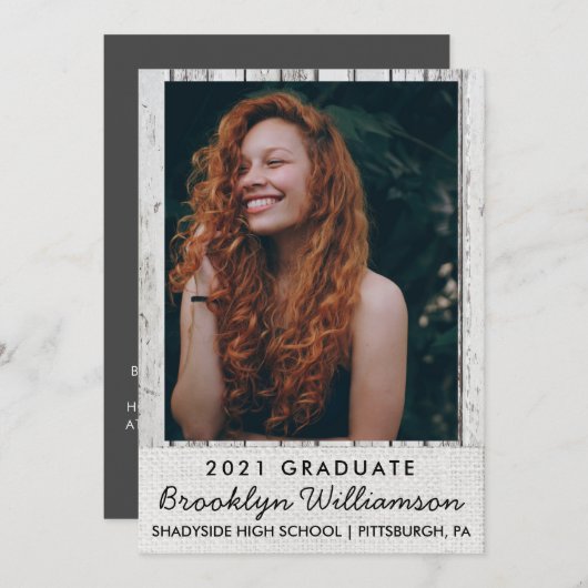 Wood & Burlap素朴写真の卒業発表 招待状 (正面/裏面)