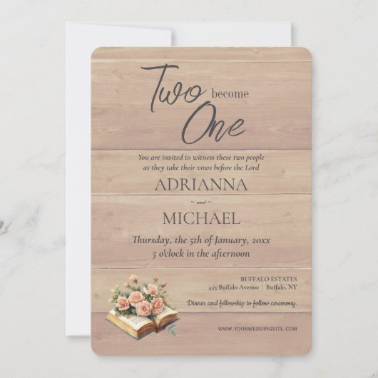 Wood Christian Two Become One Wedding 招待状 (正面)