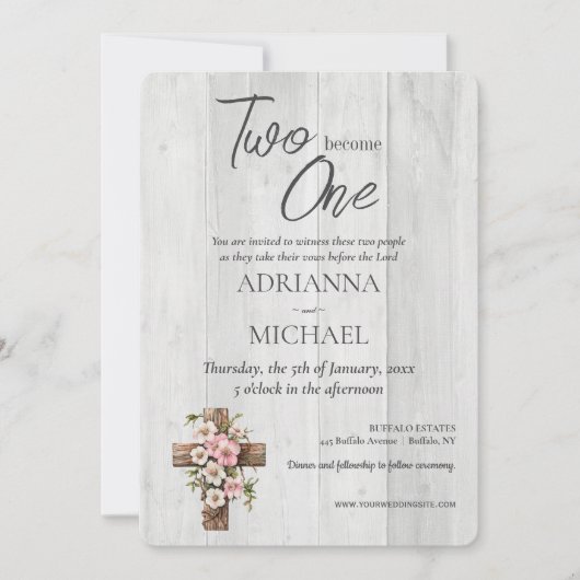 Wood Christian Two Become One Wedding 招待状 (正面)