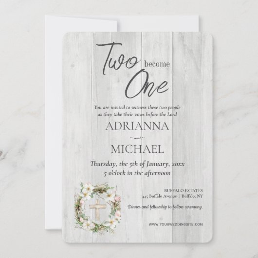 Wood Christian Two Become One Wedding 招待状 (正面)