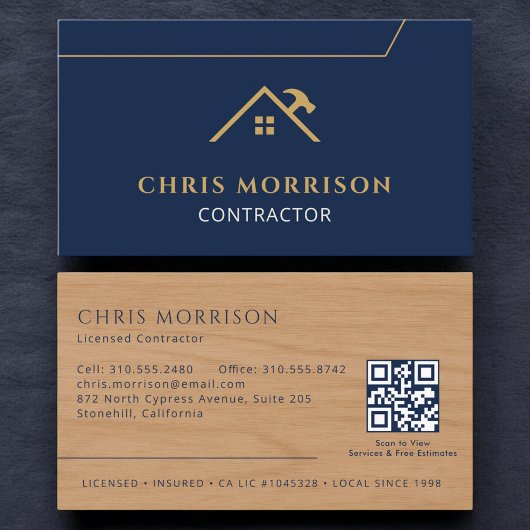 Wood Contractor Construction QR Code Navy Blue 名刺