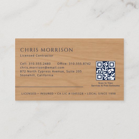 Wood Contractor Construction QR Code Navy Blue 名刺 (裏面)
