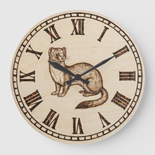 Wood Engraved Ferret Wall Clock ラージ壁時計 (正面)