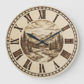Wood Engraved Mountain River Wall Clock ラージ壁時計 (正面)
