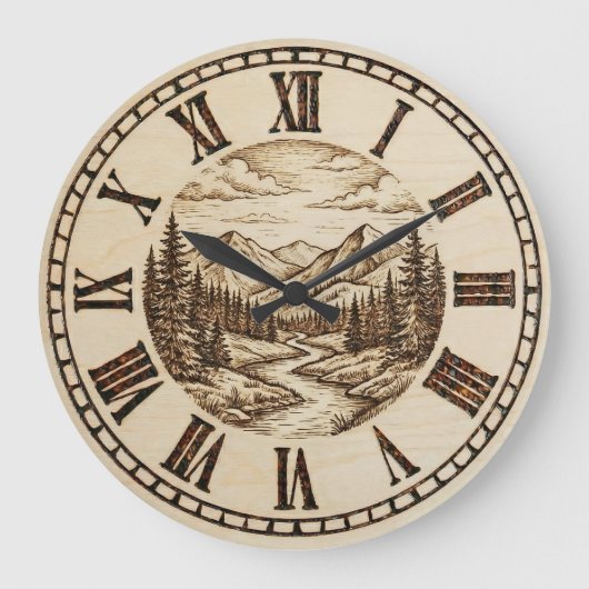 Wood Engraved Mountain River Wall Clock ラージ壁時計 (正面)