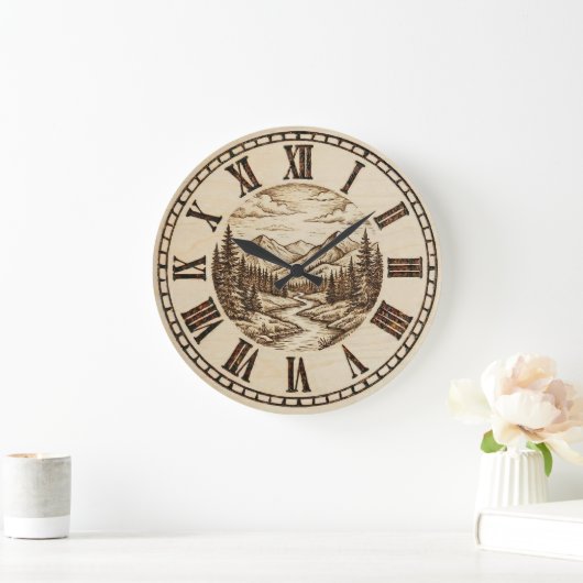 Wood Engraved Mountain River Wall Clock ラージ壁時計 (ホーム)
