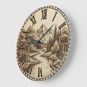 Wood Engraved Mountain River Wall Clock ラージ壁時計 (傾斜)