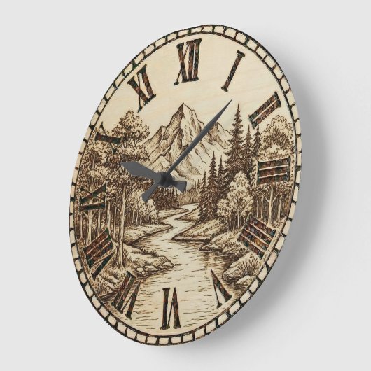Wood Engraved Mountain River Wall Clock ラージ壁時計 (傾斜)