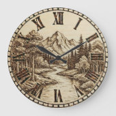 Wood Engraved Mountain River Wall Clock ラージ壁時計 (正面)
