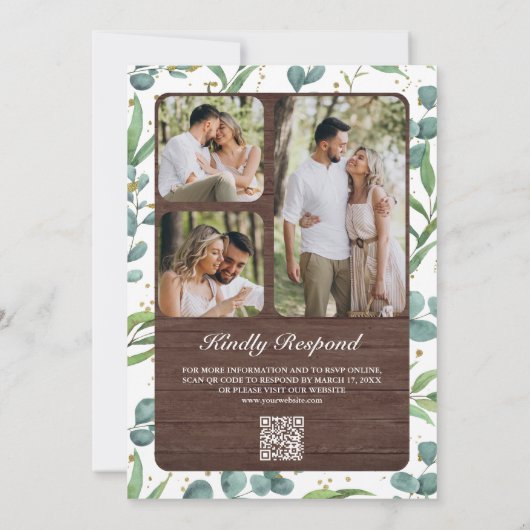 Wood Eucalyptus Photo Collage QR Code Wedding 招待状 (裏面)