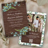 Wood Eucalyptus Photo Collage QR Code Wedding 招待状