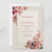 Wood Grain Romantic Pink Sakura Frame Wedding 招待状 (正面)