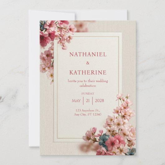 Wood Grain Romantic Pink Sakura Frame Wedding 招待状 (正面)